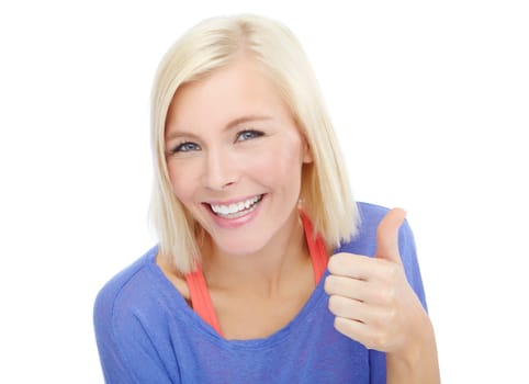 This is so awesome. A gorgeous young blond woman giving you a thumbs up while isolated on a white background.