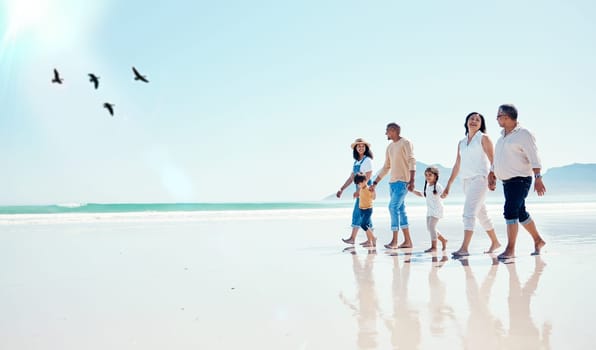 Black family, mockup or children walking on the beach with their parents and grandparents during summer vacation. Sky, love or kids with senior people and grandchildren taking a walk on the sand