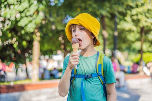 Boy tourist boy eating turkish ice cream