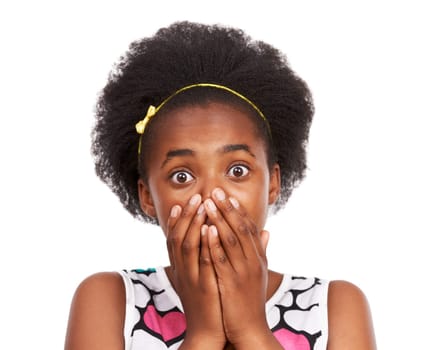 I dont believe my eyes. Studio shot of a shocked-looking young african american girl with her hands over her mouth isolated on white.