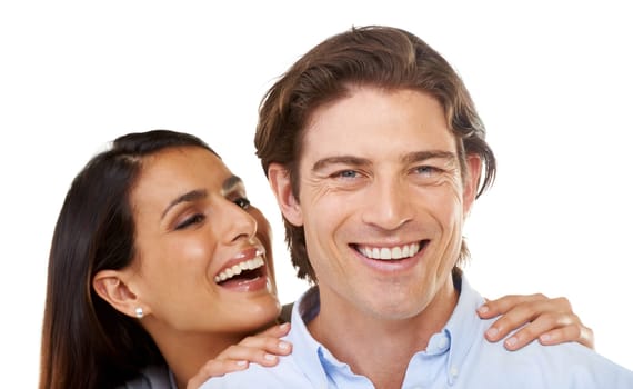 Portrait, love and happy couple together on a date hugging in happiness and smiling isolated in a studio white background. Portrait, lovers and man with woman for romance in a relationship