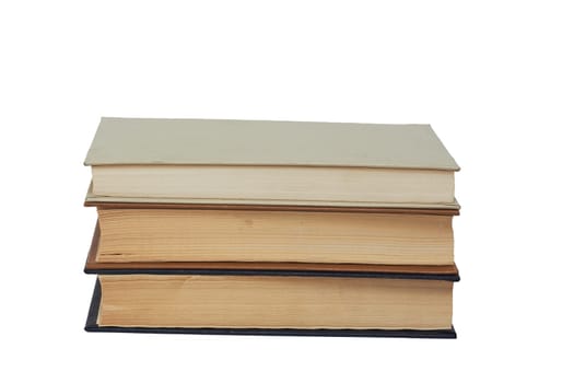 A stack of old hardcover books highlighted on a white background