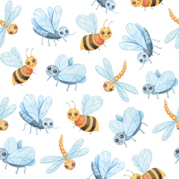 Seamless watercolor pattern with Cartoon insects. Cute bee, fly and mosquito.