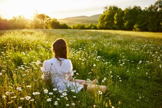 a red-haired woman in a light dress sits in a chamomile field at sunset and admires the passing day