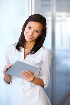 Portrait, digital tablet and happy business woman in office for planning, management and project. Face, smile and confident female manager online for schedule, marketing or advertising research