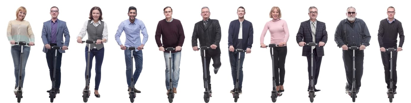 group of successful people on scooter isolated