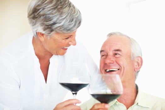 Cheerful couple toasting with red wine. Cheerful mature couple smiling while toasting with red wine.