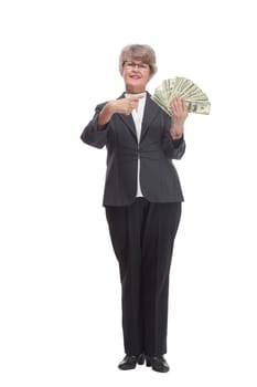 A smiling woman holding dollars with thumb up sign