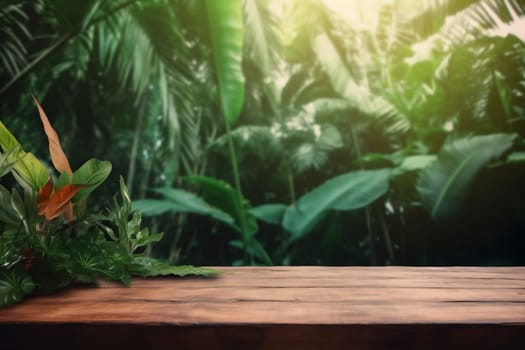 wooden palm podium design leaf green platform mock up space color. Generative AI.
