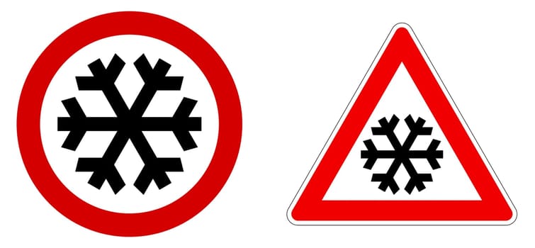 Careful snow / cold / winter sign. Black snowflake in red circle and triangle.