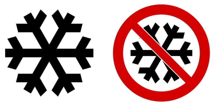 Simple black snowflake icon meaning winter / cold / freeze. Also version in red circle means "do not refrigerate"