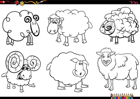 cartoon sheep farm animal characters set coloring page