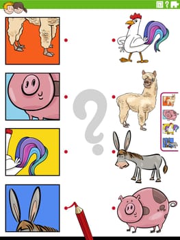 Cartoon illustration of educational matching game with farm animal characters and pictures clippings