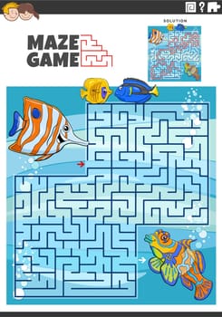 maze game activity with cartoon fish characters