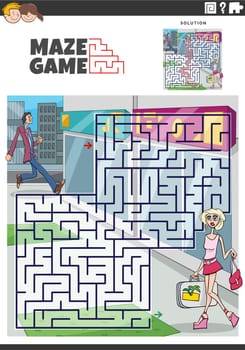 Cartoon illustration of educational maze puzzle activity for children with girl and guy in the city