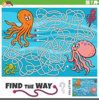 find the way maze game with cartoon octopus characters