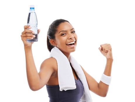 Water replenishes my strength. A young woman holding a bottle of water after an energizing workout.