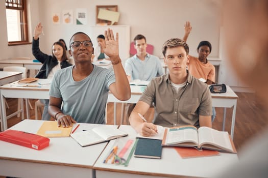 Classroom, knowledge question and students hands with exam learning problem, education fail or language teacher assessment. Hand sign, school and youth or teenager group in teaching course for a test