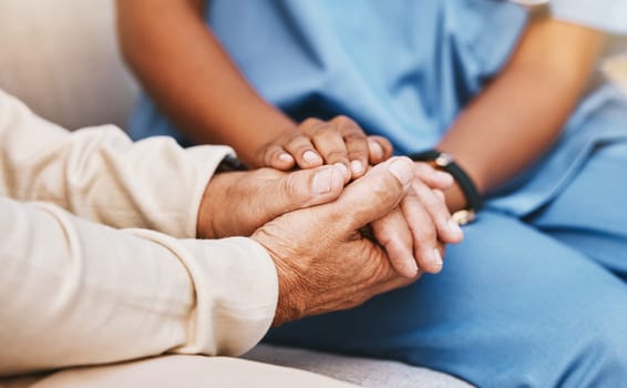 Nurse, patient and holding hands in nursing home for healthcare, empathy and support in depression, anxiety and psychology. Medical counseling, therapy and caregiver with hope, advice and counseling