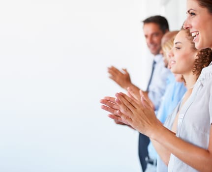 Business people, applause and celebration for presentation, meeting or workshop on mockup. Happy group of employees clapping in convention for team coaching, audience or staff training at workplace.