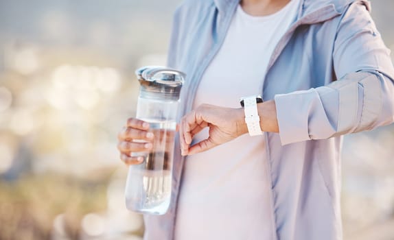 Woman, runner and smartwatch check with water bottle, heart check with fitness, cardio and run outdoor for exercise. Time, monitor progress on workout and running, hydration and sport mockup