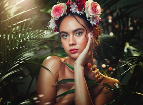Beauty, nature and makeup, woman in natural cosmetics portrait, leaves and flower design for skincare and cosmetic advertising. Rose headband, skin and face care for wellness and cosmetology.