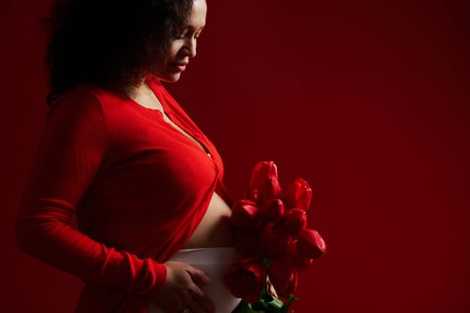 Cropped view of a pregnant woman, expectant mother touching her belly, posing with red tulips, isolated on red backdrop