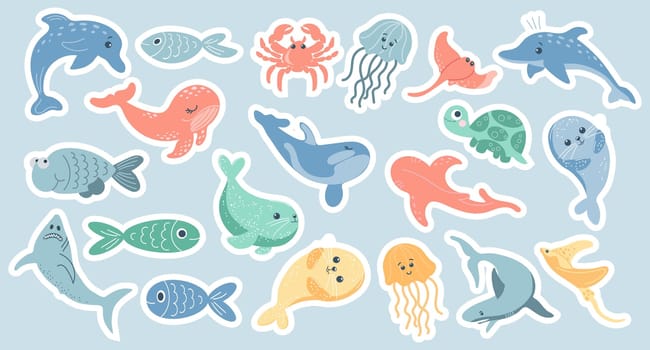 Collection of colorful stickers with fish and marine animals. Stickers for kids, vector