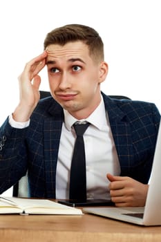 businessman using laptop having problems thinking about troubles