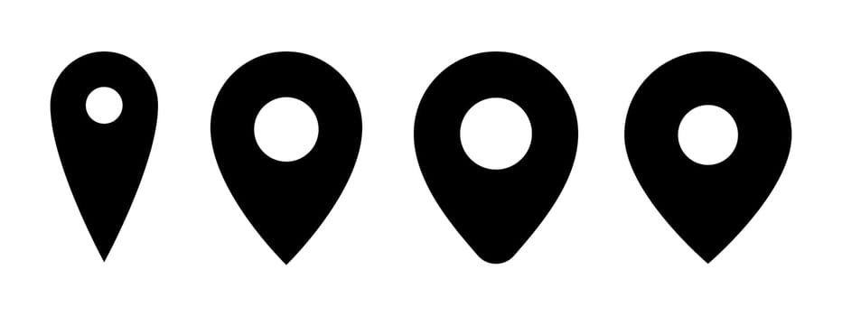 Map location icon. Rounded simple map mark, black pin on white background set