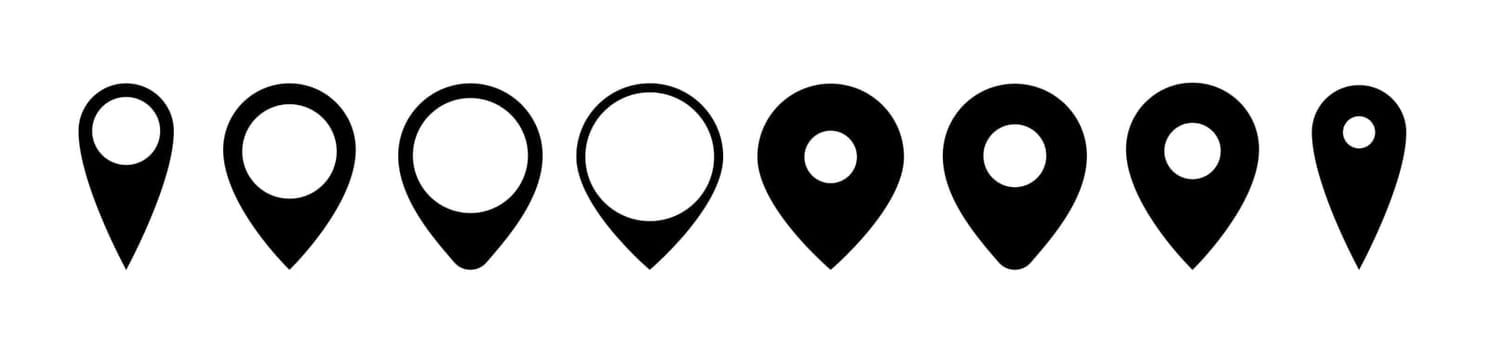 Set of location pin icons. Label pictogram geo symbols. Thin and sick form.