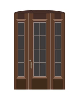 Brown wooden entrance door portal with glass windows. Entry front doorway, european style design.