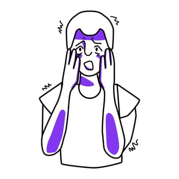 Young boy with fear emotion. Frightened kid with blond hair, horror panic mood, teenager covers his face with hands. Line with purple spots.