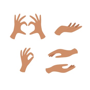 Hands poses. Female hand holding, heart shape and other gestures