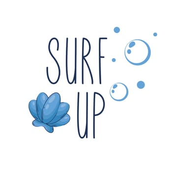 Lettering surf up with seashell and bubbles isolated