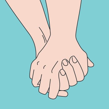Hand drawn art of hand in hand on blue background. Love and friendship. Vector illustration