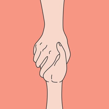 Hand drawn art of hand in hand on orange background. Love and friendship. Vector illustration