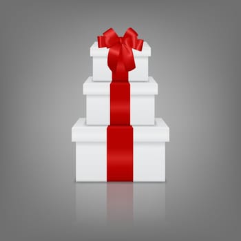 Stack of three realistic white gift boxes with red ribbon and bow