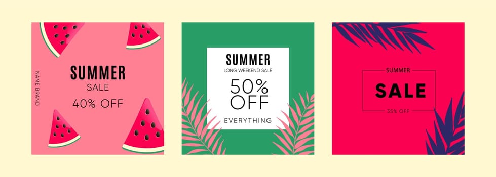 Summer sale square templates with watermelon and palm leaves.