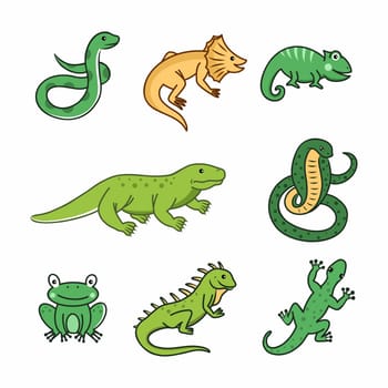 Snakes, lizards and reptiles. Set of illustrations with animals for children. Zoo. Vector drawing in cartoon style.