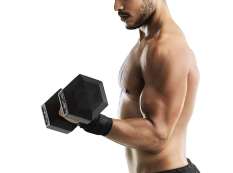 Building bulging biceps. Studio shot of a fit young man lifting a dumbbell against a white background.