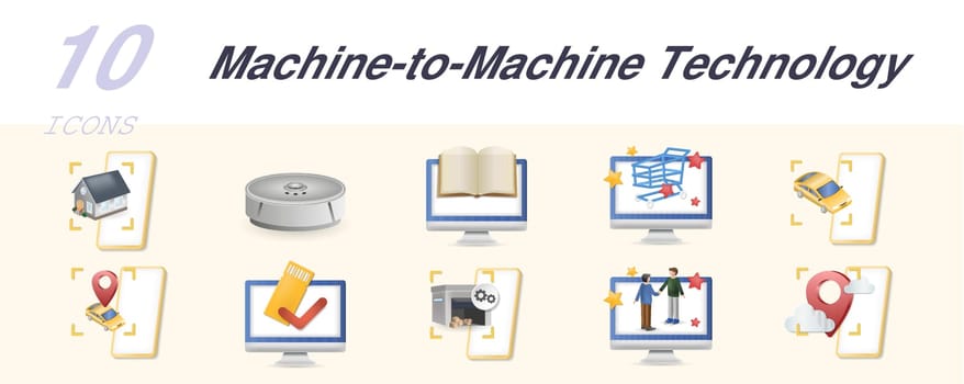 Machine-to-machine technology set. Creative icons: home automation, robot vacuum, online book, online shopping, autonomous car, teleoperation, ticket booking, smart manufacturing, online meeting, smart navigation.