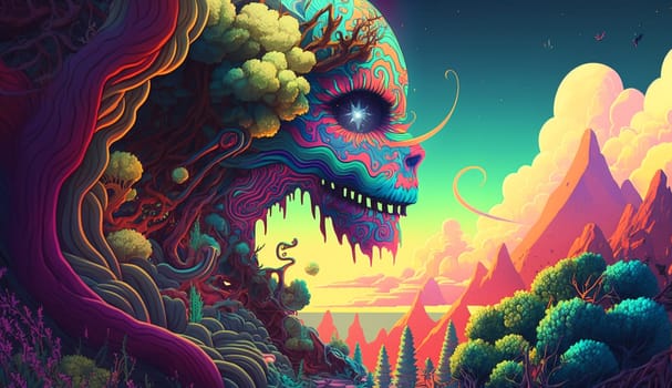 Psychedelic hallucinations. Vibrant illustration. Surreal images. Template for cards, stickers, baners, posters.