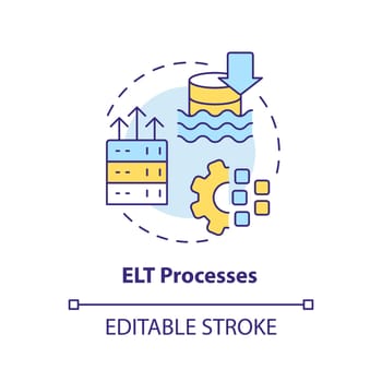 ELT processes concept icon. Extract, load and transform. Data lake architecture abstract idea thin line illustration. Isolated outline drawing. Editable stroke. Arial, Myriad Pro-Bold fonts used