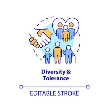Diversity and tolerance concept icon. Theme GCED addresses. Multiculturalism abstract idea thin line illustration. Isolated outline drawing. Editable stroke. Arial, Myriad Pro-Bold fonts used