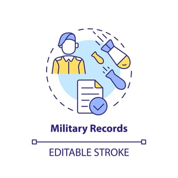 Military records concept icon. Enlistment data. Family research record abstract idea thin line illustration. Isolated outline drawing. Editable stroke. Arial, Myriad Pro-Bold fonts used