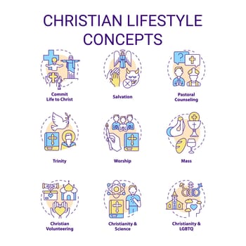 Christian lifestyle concept icons set