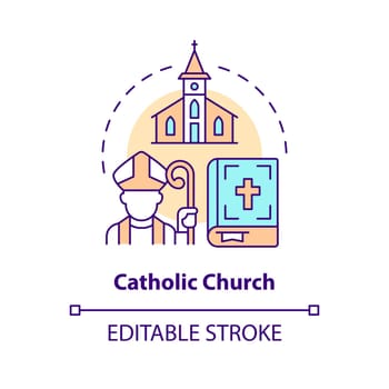 Catholic church concept icon. Worshipers community. Christian confession type abstract idea thin line illustration. Isolated outline drawing. Editable stroke. Arial, Myriad Pro-Bold fonts used