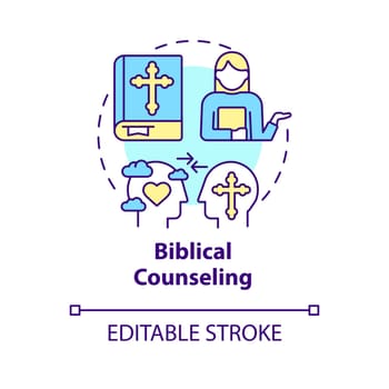 Biblical counseling concept icon. Believers community care. Christian support abstract idea thin line illustration. Isolated outline drawing. Editable stroke. Arial, Myriad Pro-Bold fonts used