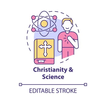 Christianity and science concept icon. Union of belief and study. Innovative religion abstract idea thin line illustration. Isolated outline drawing. Editable stroke. Arial, Myriad Pro-Bold fonts used
